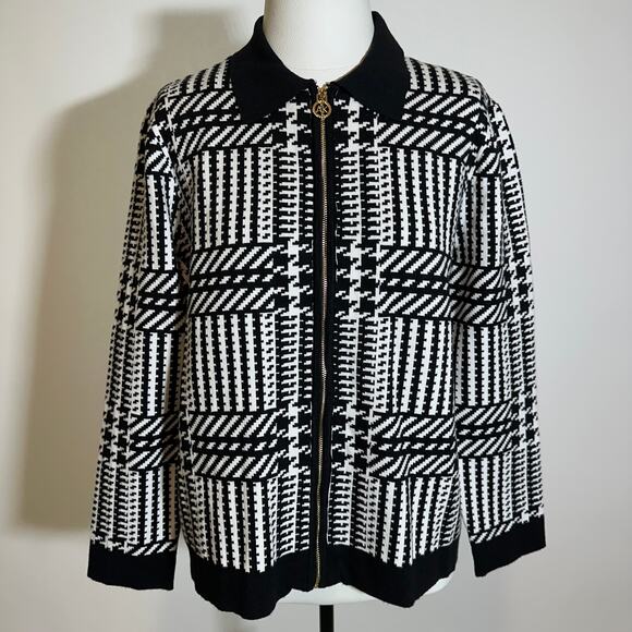 Anne Klein Black/White Houndstooth Zip Up Cardigan Sweater Womens Size Medium M - Picture 1 of 11